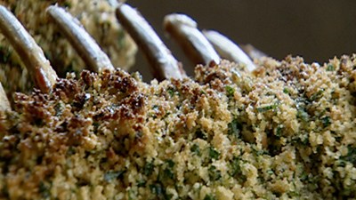 Herb Crusted Lean Lamb Racks with Roasted Sweet Potato and Leek