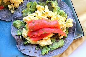 Scrambled Eggs with Veggies Fruit and Avocado